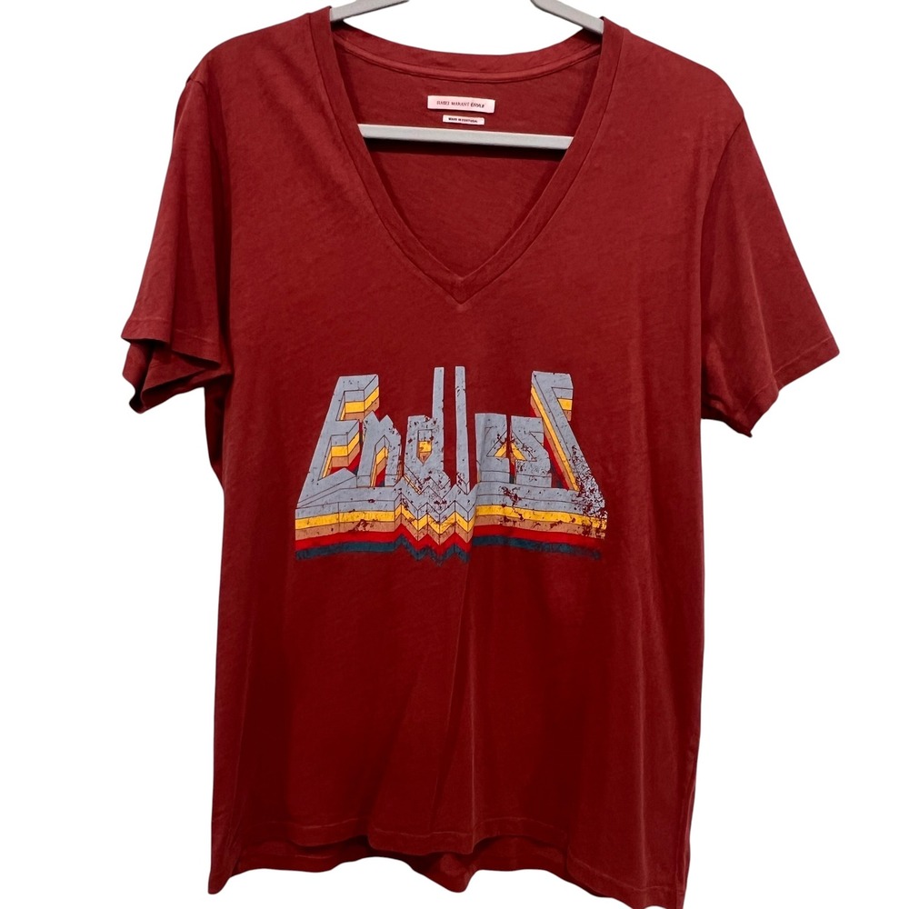 Isabel Marant Etoile Endless Graphic V-Neck T-Shirt Rust Red Cotton Size L Tee